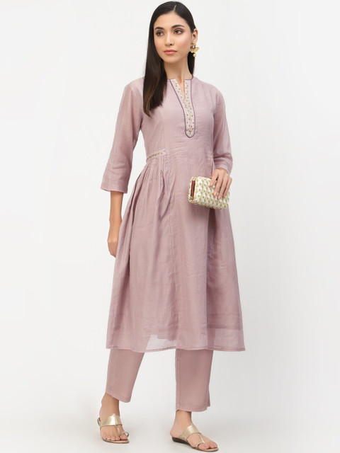 

DART STUDIO Women Purple Pleated Zardozi A-Line Kurta with Trouser Set