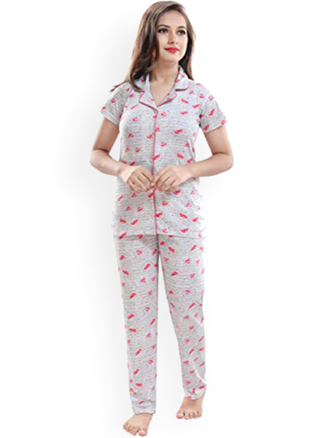 

9shines Label Girls Grey & Pink Printed Pure Cotton Night suit