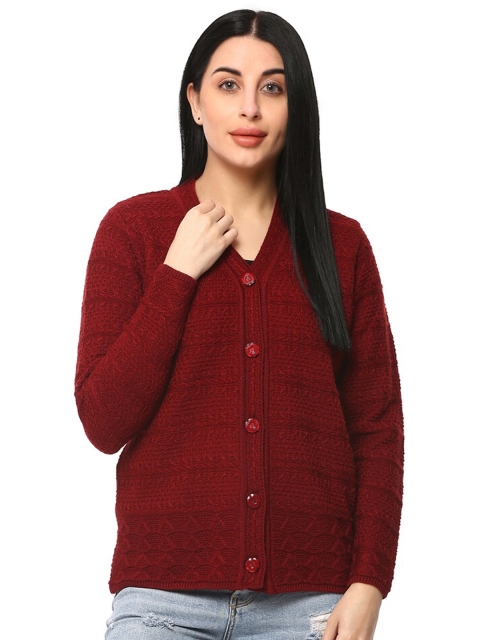

GLAMAZE Women Maroon Cable Knit Cardigan