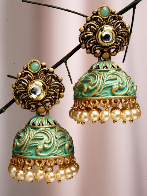 

KARATCART Women Gold Plated Sea Green Dome Shaped Jhumkas Earrings