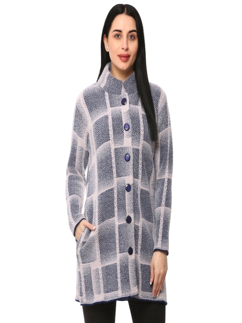 

GLAMAZE Women Blue & White Checked Checked Longline Cardigan