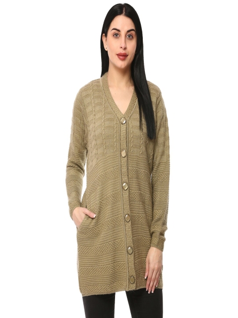 

GLAMAZE Women Beige Striped Longline Cardigan