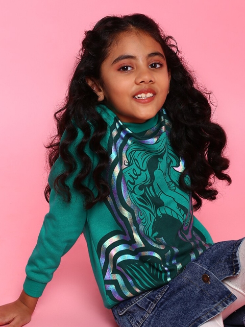 

BONKIDS Girls Turquoise Blue Ariel Printed Cotton Sweatshirt