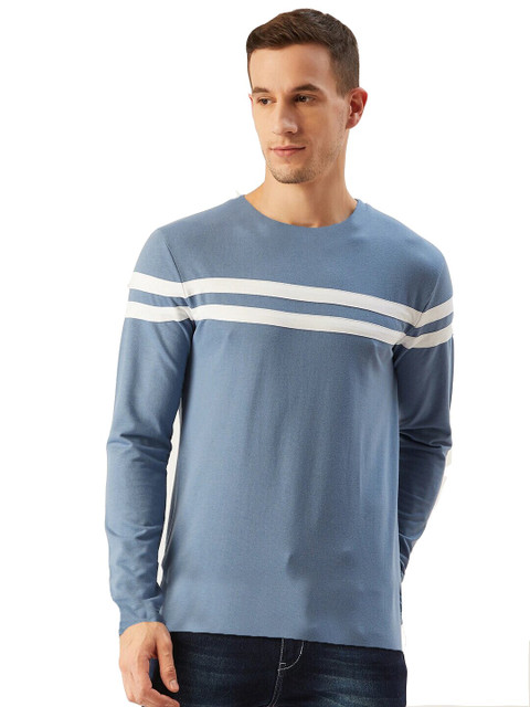 

Rodzen Men Blue Striped Pure Cotton T-shirt