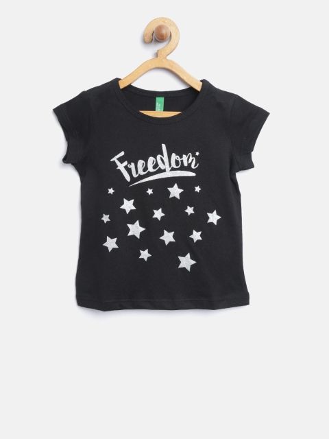 

United Colors of Benetton Girls Black Printed Round Neck T-shirt
