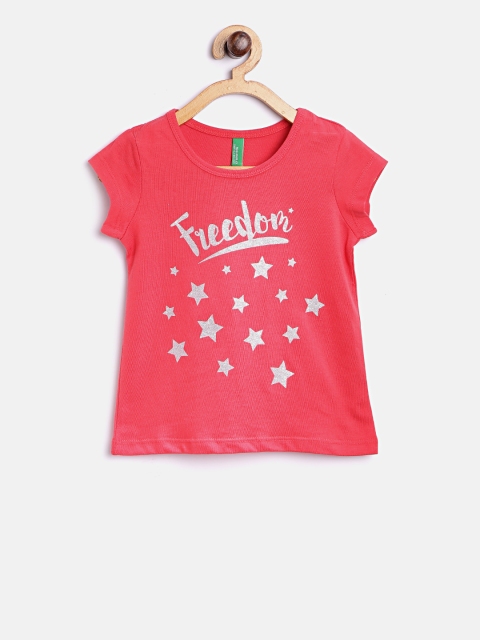 

United Colors of Benetton Girls Coral Red Printed Round Neck T-shirt
