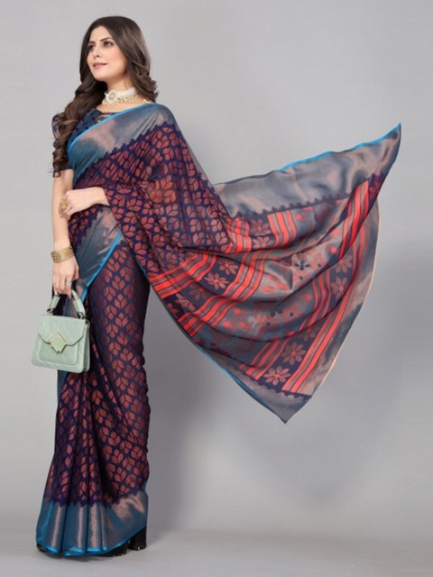 

Yashika Navy Blue & Peach-Coloured Floral Printed Zari Saree with Blouse Piece