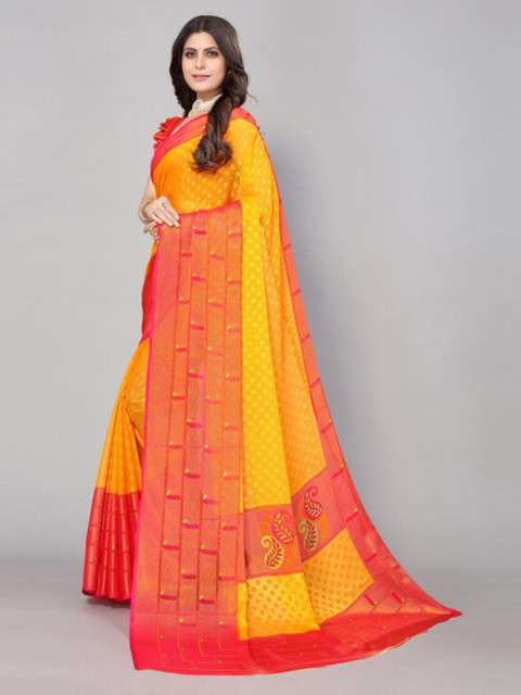 

Yashika Yellow & Orange Floral Printed Saree with Blouse Piece