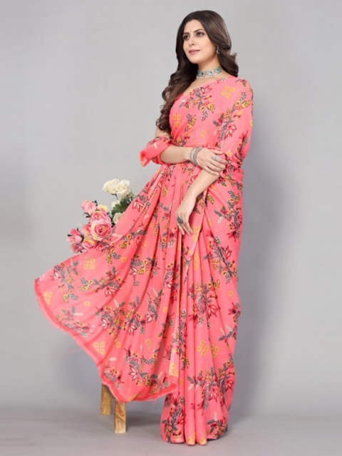 

Yashika Pink & Grey Floral Printed Saree with Blouse Piece