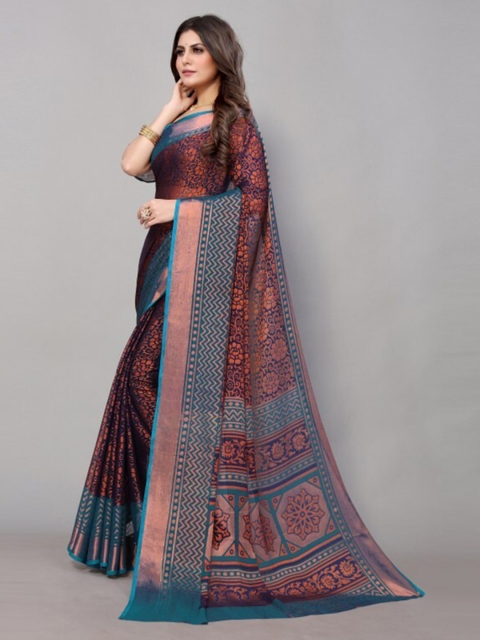 

Yashika Navy Blue & Pink Floral Printed Saree with Blouse Piece