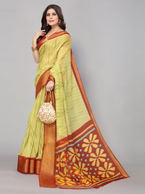 

Yashika Green & Brown Floral Zari Linen Blend Saree