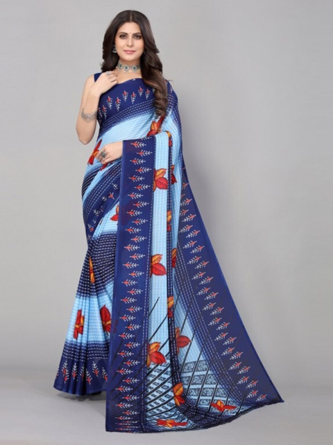 

Yashika Navy Blue & Red Floral Printed Saree without Blouse Piece