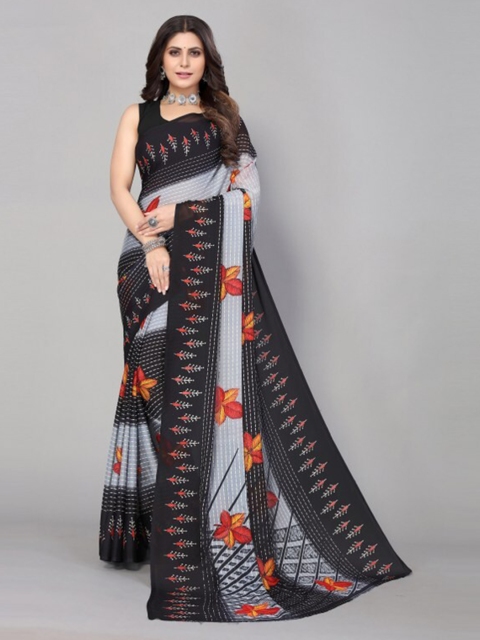 

Yashika Black & Grey Floral Printed Saree