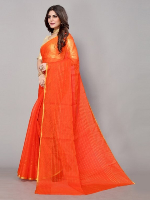 

Yashika Orange & Gold-Toned Striped Zari Border Saree with Blouse Piece