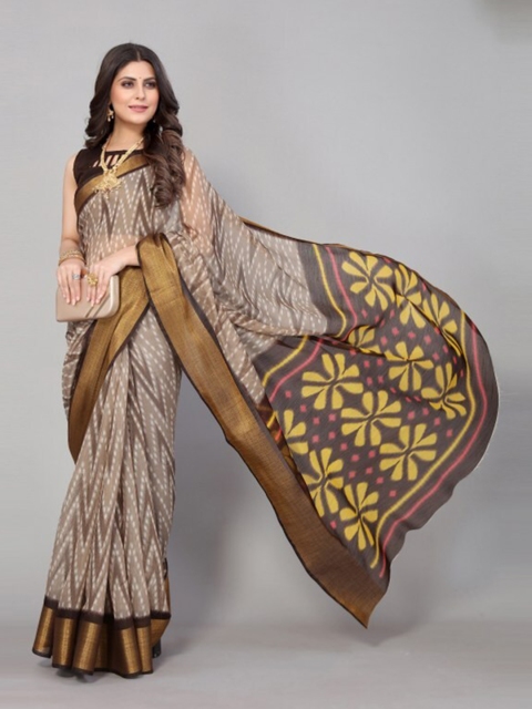 

Yashika Cream-Coloured & Yellow Zari Linen Blend Saree