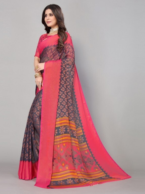 

Yashika Grey & Peach-Coloured Floral Printed Saree with Blouse Piece