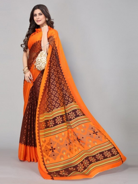 

Yashika Maroon & Orange Floral Printed Saree with Blouse Piece