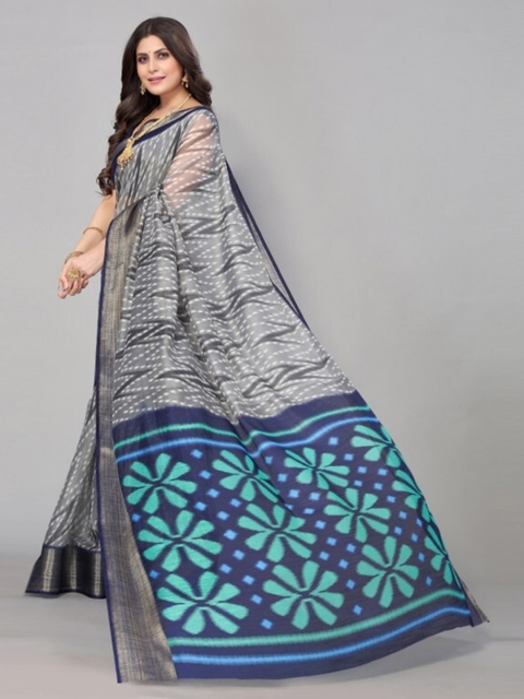 

Yashika Grey & Blue Printed Zari Linen Blend Saree with Blouse Piece