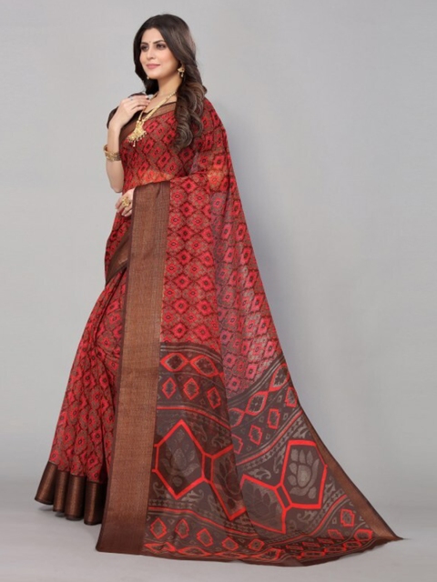 

Yashika Red & Black Printed Linen Zari Border Saree with Blouse Piece