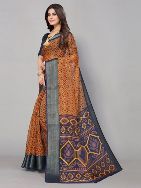 

Yashika Orange & Grey Floral Linen Blend Saree