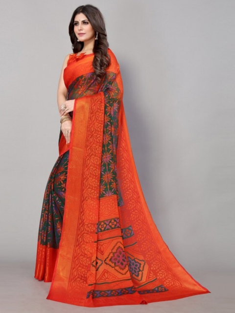 

Yashika Green & Orange Floral Printed Saree with Blouse Piece