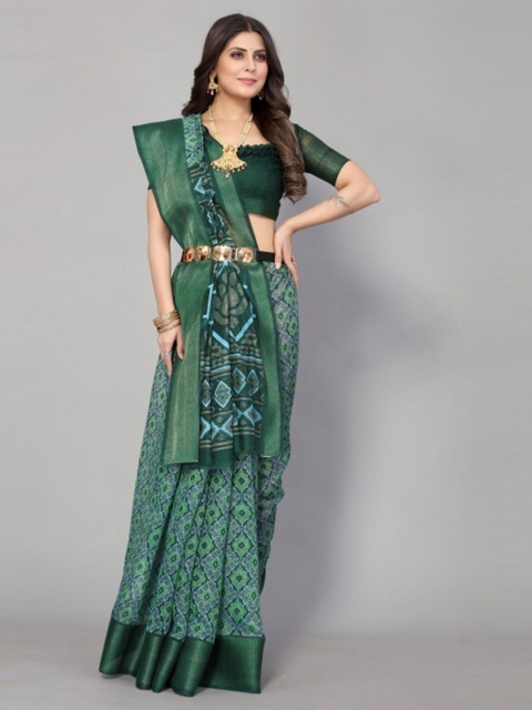 

Yashika Green & Silver-Toned Printed Zari Border Linen Blend Saree with Blouse Piece