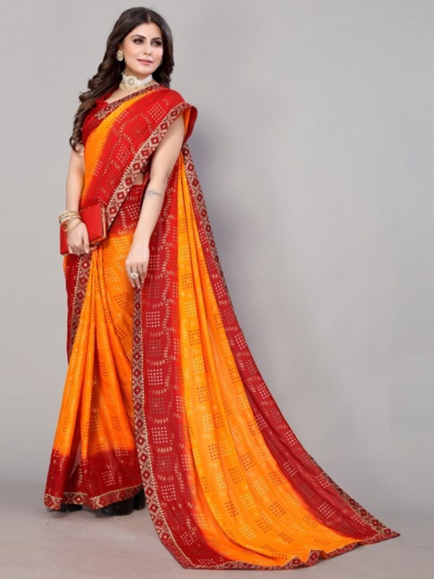 

Yashika Yellow & Red Bandhani Printed Saree with Blouse Piece