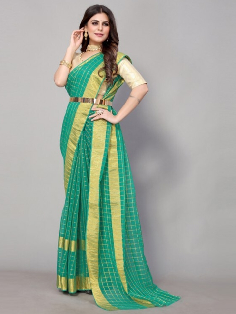 

Yashika Green & Gold-Toned Checked Zari Saree with Blouse Piece