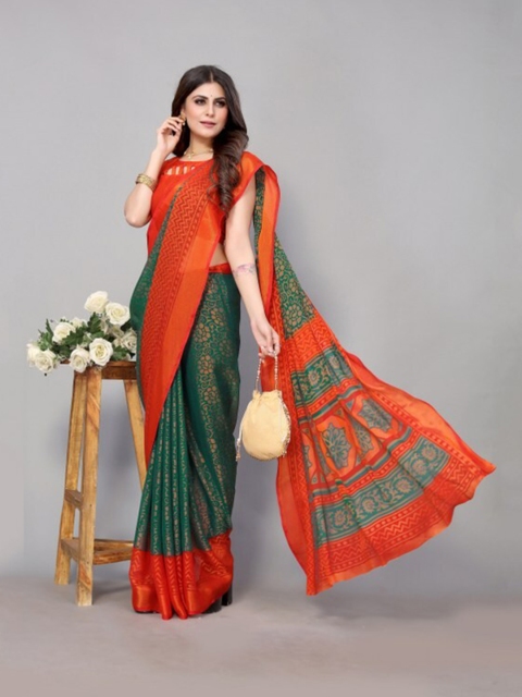 

Yashika Green & Red Floral Printed Saree with Blouse Piece