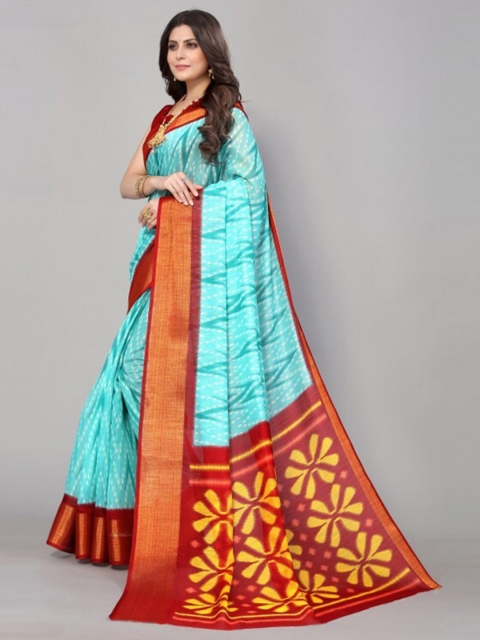 

Yashika Blue & Red Linen Zari Blend Border Saree with Blouse Piece