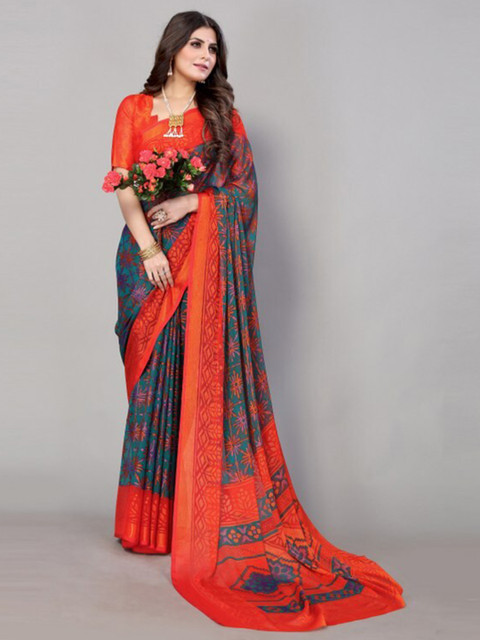 

Yashika Grey & Orange Floral Printed Saree with Blouse Piece