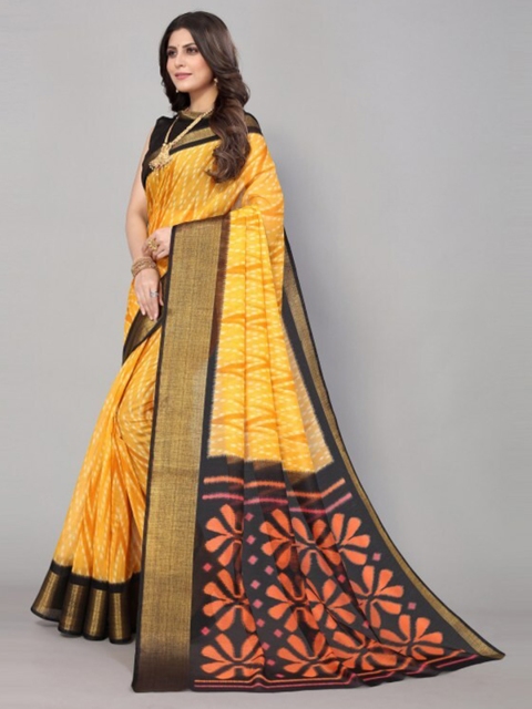 

Yashika Yellow & Orange Linen Zari Border Saree with Blouse Piece