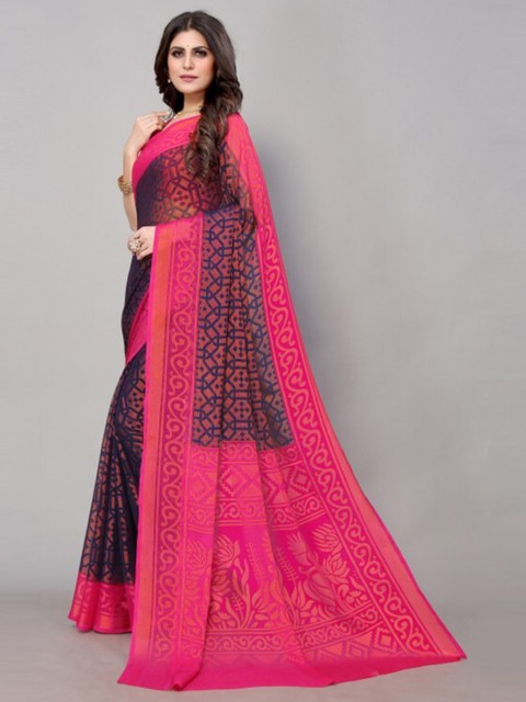 

Yashika Navy Blue & Pink Floral Printed Saree with Blouse Piece