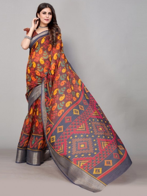 

Yashika Brown & Silver-Toned Ethnic Motifs Zari Linen Blend Saree