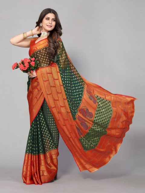 

Yashika Green & Red Ethnic Motifs Printed Saree with Blouse Piece