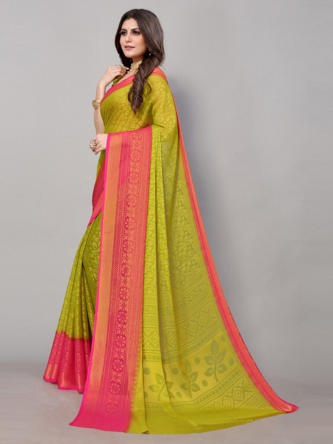 

Yashika Pink & Green Floral Zari Printed Saree with Blouse Piece