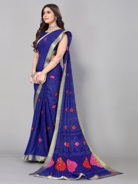 

Yashika Blue & Pink Floral Printed Zari Saree with Blouse Piece