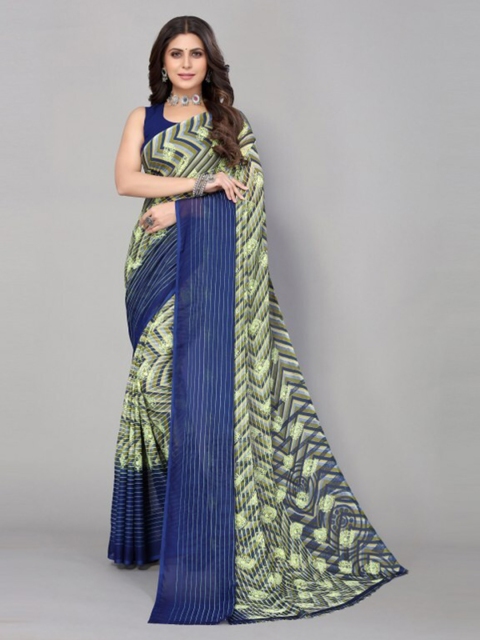 

Yashika Blue & Grey Geometric Printed Saree