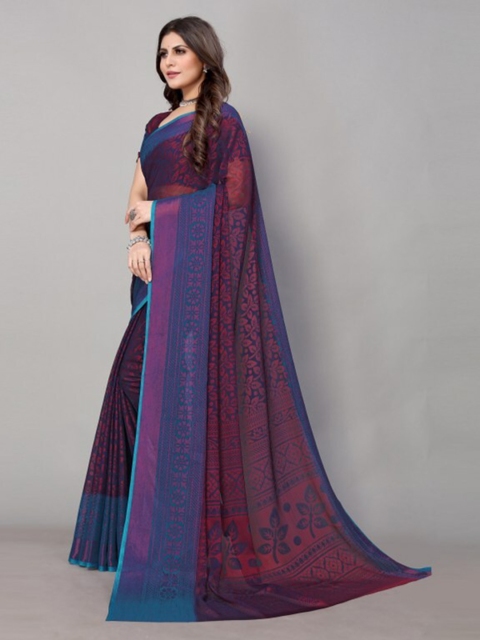 

Yashika Purple & Blue Floral Printed Saree with Blouse Piece