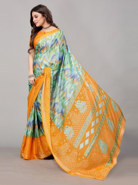 

Yashika Yellow & Green Art Silk Abstract Printed Saree with Blouse Piece