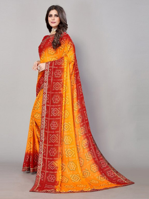 

Yashika Yellow & Red Bandhani Printed Saree with Blouse Piece