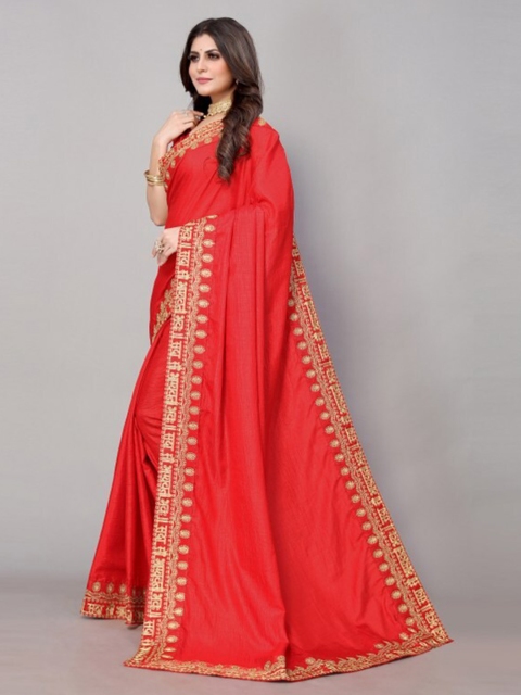 

Yashika Red & Gold-Toned Floral Embroidered Saree