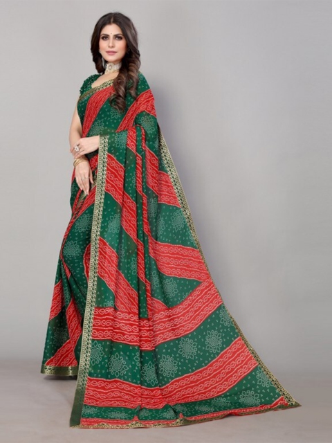 

Yashika Red & Green Bandhani Fusion Saree