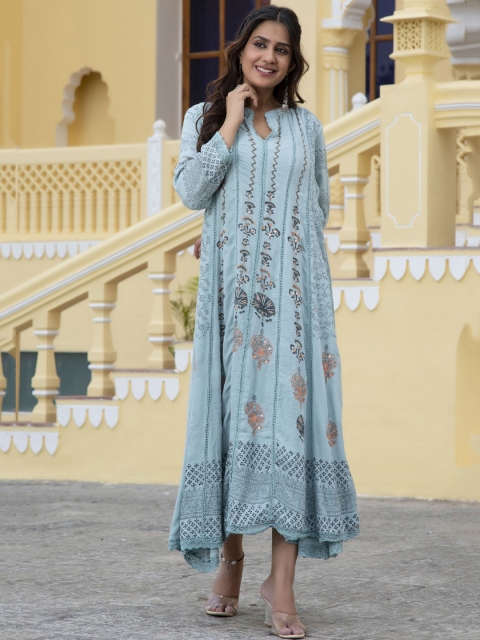 

PREKSHA Women Blue Geometric Printed Thread Work Pastels Kurta
