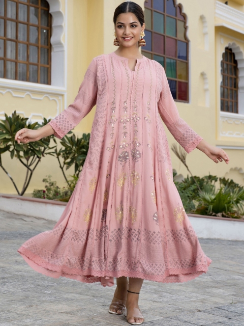 

PREKSHA Women Pink Ethnic Motifs Printed Thread Work Pastels Anarkali Kurta