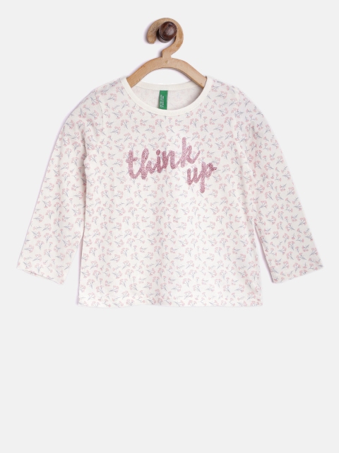

United Colors of Benetton Girls White Floral Print T-shirt