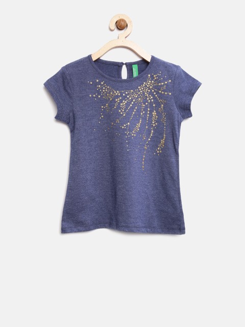 

United Colors of Benetton Girls Navy Blue Printed Round Neck T-shirt