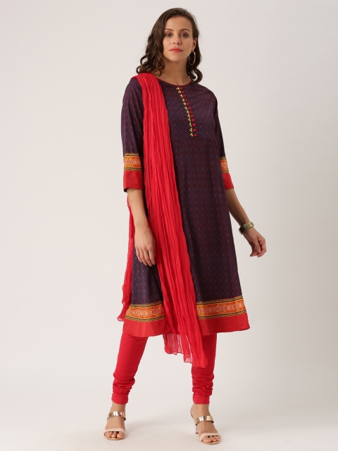 

IMARA Women Navy & Red Printed Kurta with Churidar & Dupatta, Navy blue