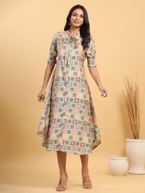 

JISORA Women Beige Ethnic Motifs Tie-Up Neck A-Line Midi Dress
