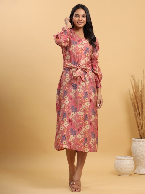 

JISORA Women Pink Floral A-Line Midi Dress